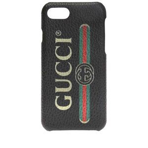 GUCCI LOGO iPhone 8 Textured Faux Leather Case Black with Printed Logo NWT